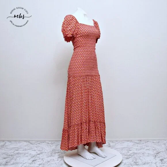 L*SPACE Simone Floral Square‎ Neck Short Sleeve Smocked High Low Maxi Dress - Picture 2 of 16